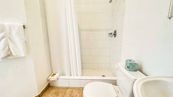 Hair dryer, towels, soap, toilet paper