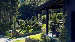 A modern house with a covered porch, surrounded by lush greenery and a mountain view. - Risco de Hugo (Boquete)