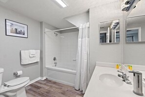 Jetted tub, hair dryer, towels, soap