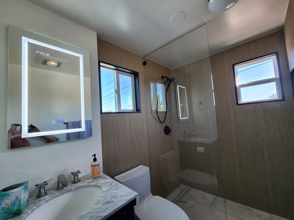 Shower, hair dryer, towels, soap