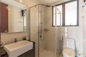 Hair dryer, bidet, towels, soap