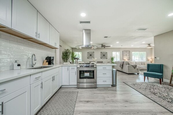 Kühlschrank, Ofen, Herdplatte, Wasserkocher mit Kaffee-/Teezubehör