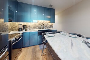 Fridge, microwave, coffee/tea maker, blender