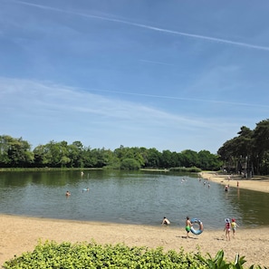 Een strand aan een meer, met mensen die zwemmen en over het zand wandelen.