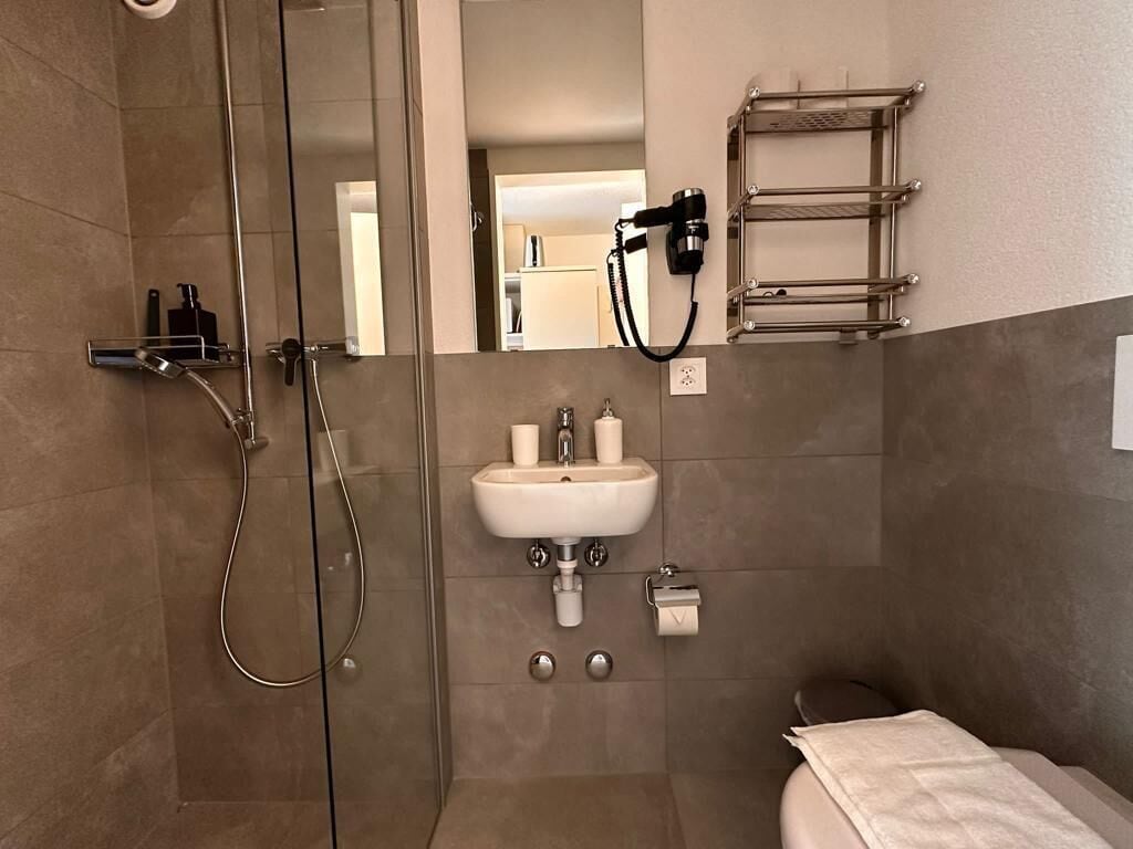 A modern bathroom with a glass-enclosed shower, a white sink, and a towel rack.