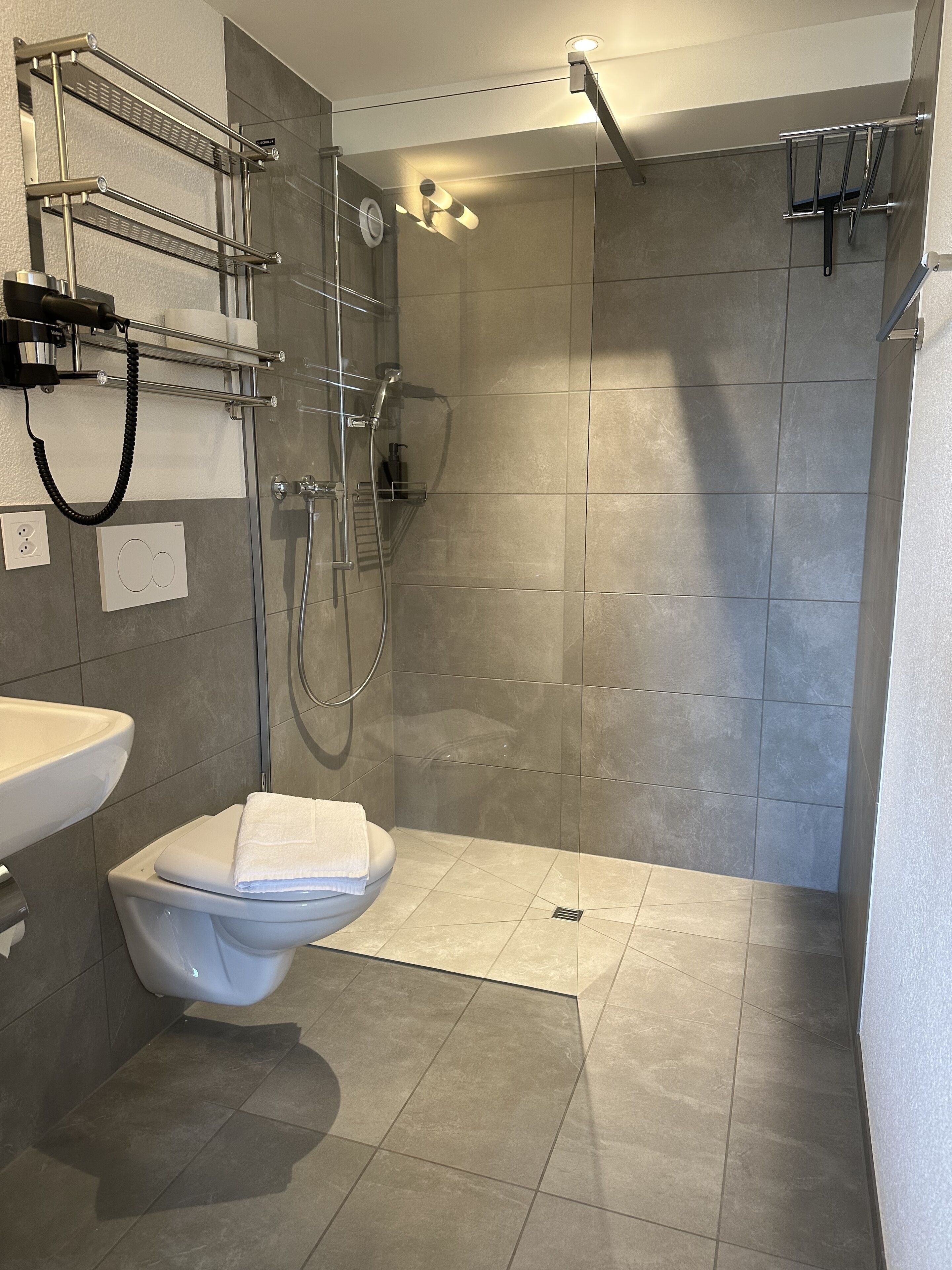 A modern bathroom with a shower, toilet, and sink.