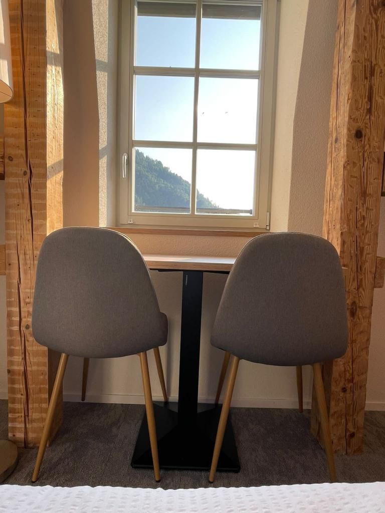 A room with a desk and two chairs, a window with a view of a mountain, and wooden walls.