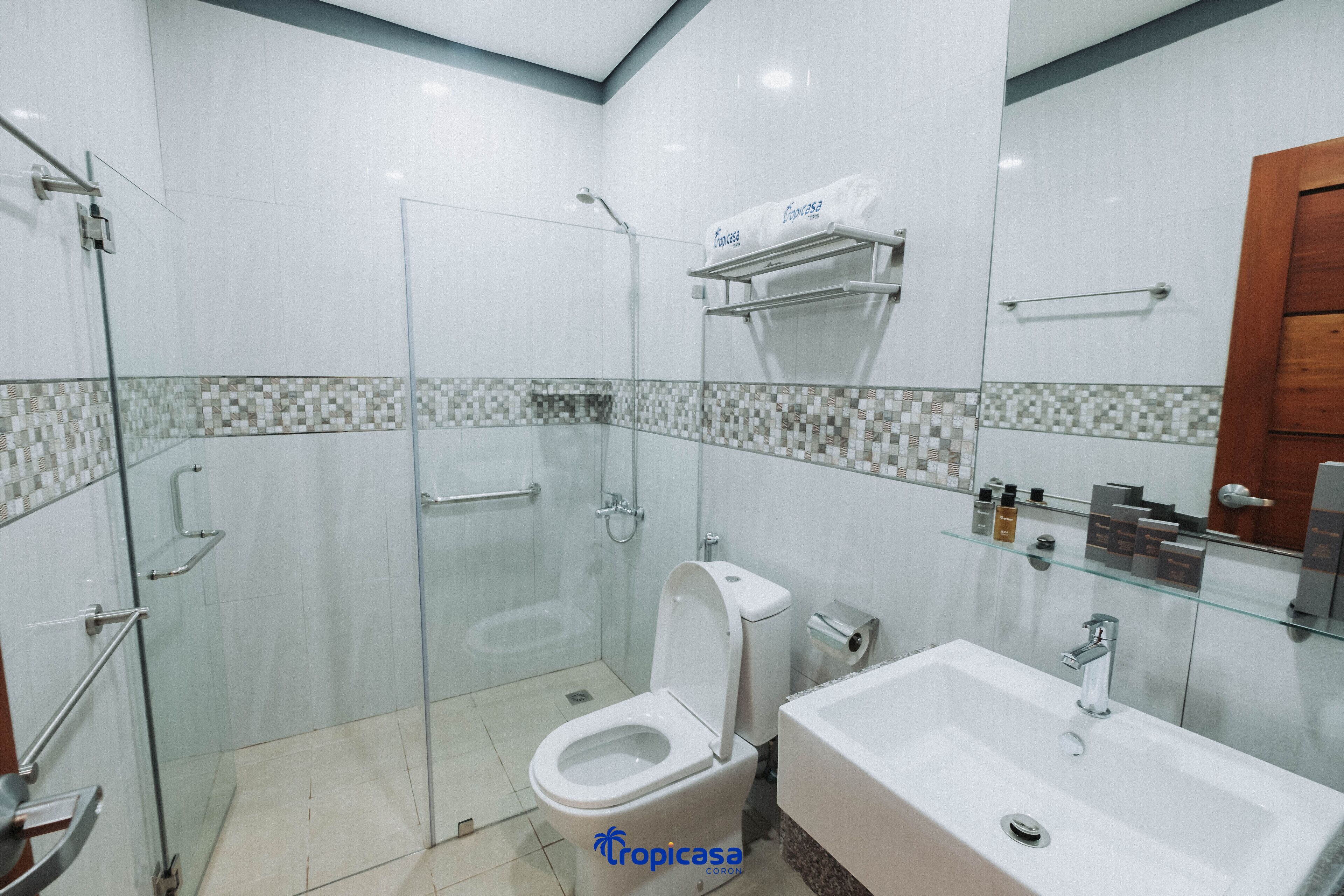 A modern bathroom with a glass-enclosed shower, a white toilet, a sink, and a mirror.