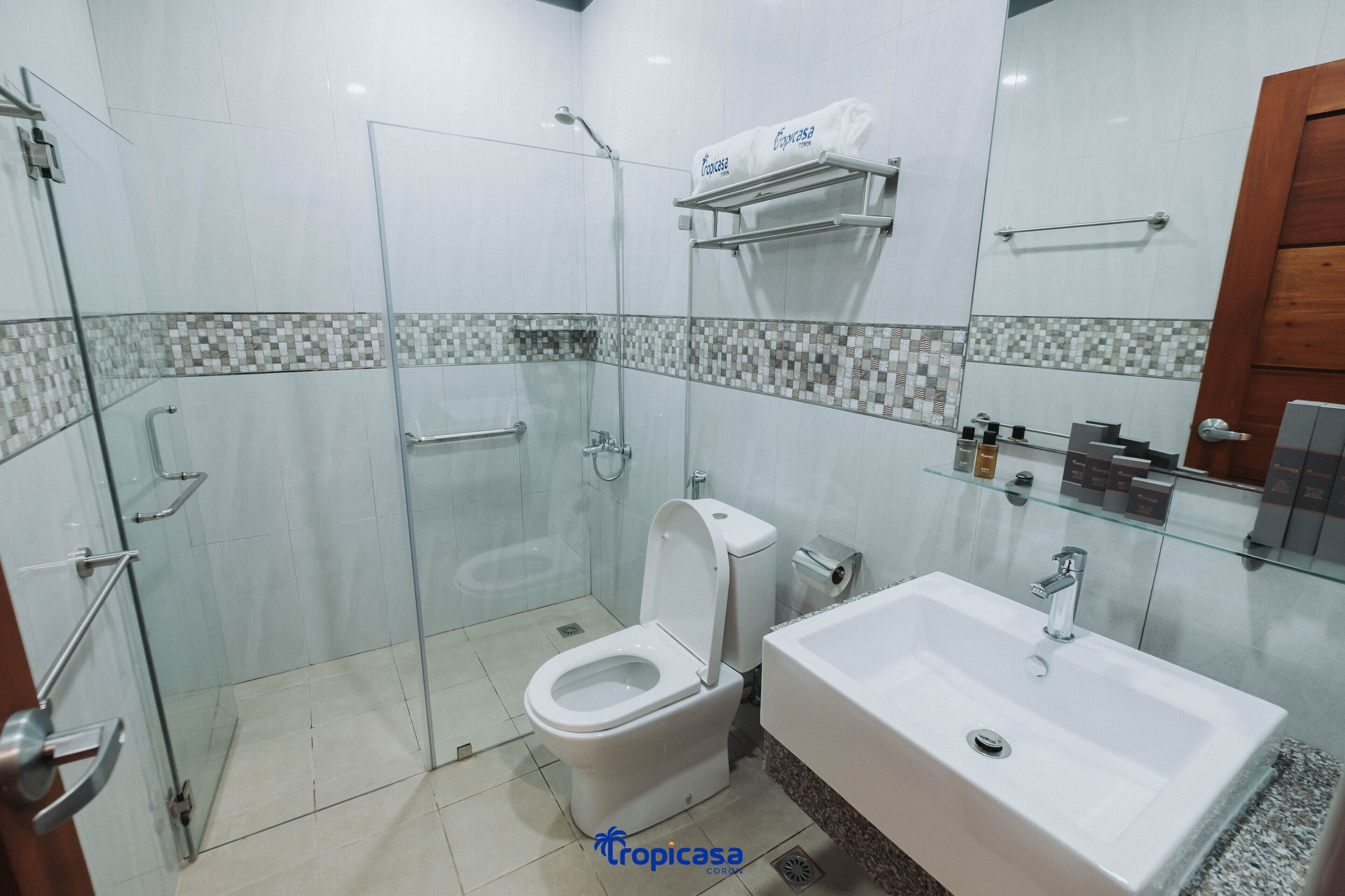 A modern bathroom with a glass-enclosed shower, a white toilet, and a large sink.