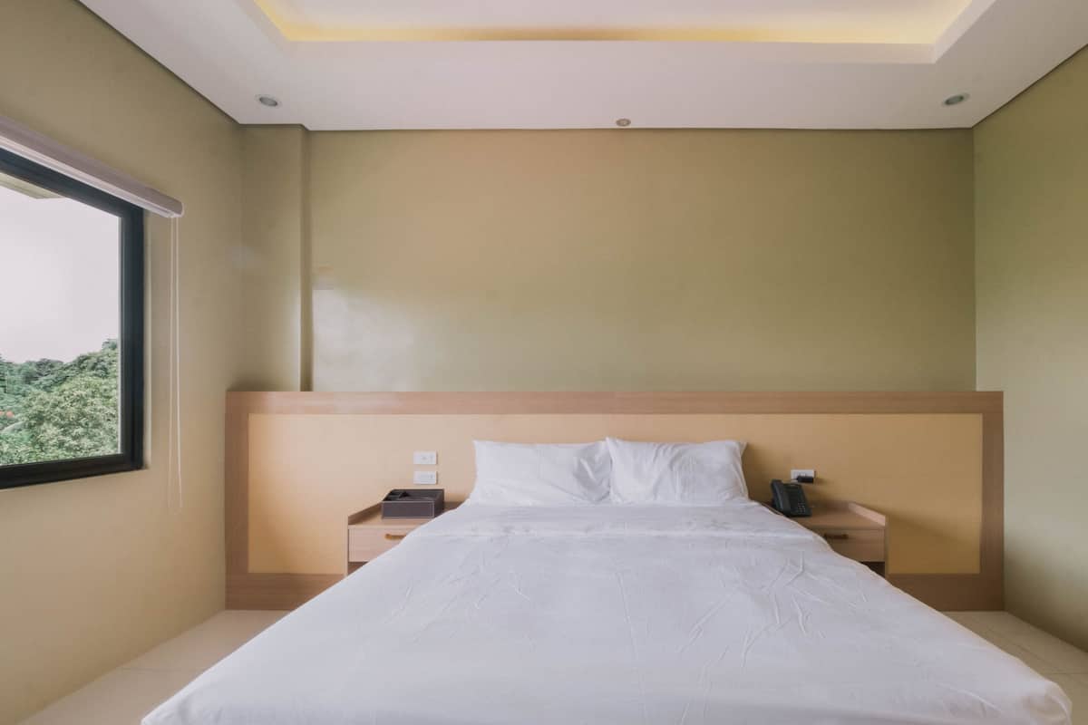 A hotel room with a large bed, a nightstand, a phone, and a window with a view of greenery.