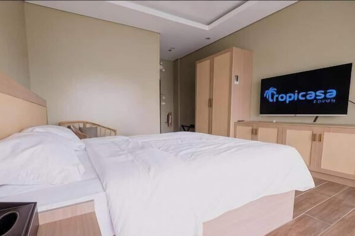 Une chambre dâhĂŽtel avec un lit, une tĂ©lĂ©vision et une armoire.