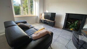 Una sala de estar con sofá, televisor, chimenea y ventana con vistas al verdor.
