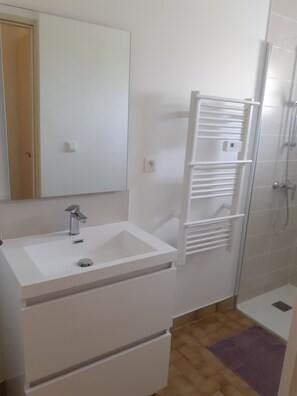 Regadera, secadora de cabello, papel de baño