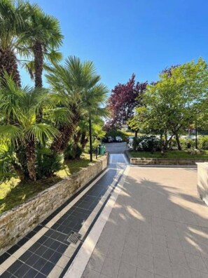 Un chemin pavé, bordé de palmiers et d’autres plantes, mène à l’entrée d’un bâtiment.