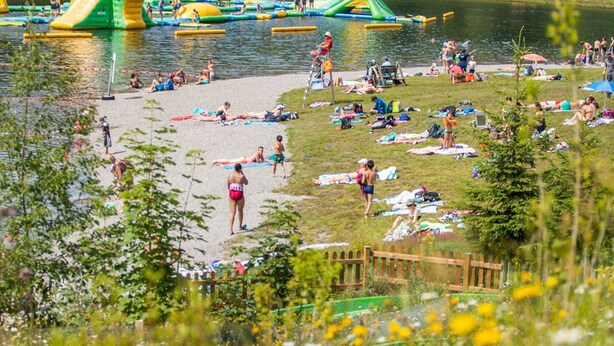 En park vid sjön där folk solar och badar.