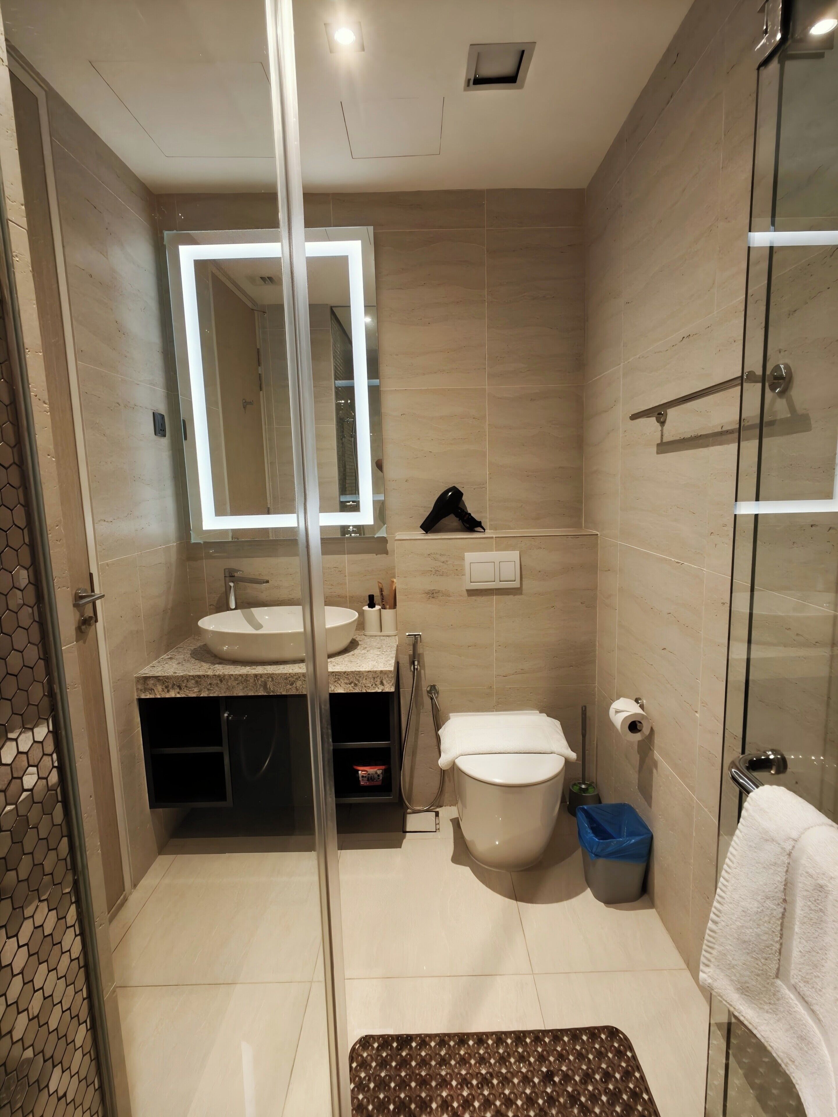 A modern bathroom with a glass shower enclosure, a sink with a mirror, and a toilet.