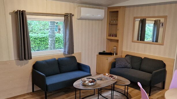 Ein kompakter Wohnraum mit zwei Sofas, einem kleinen Tisch und einem rosafarbenen Sessel.