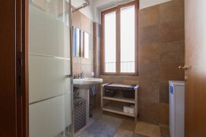 Shower, hair dryer, bidet, towels