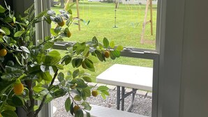 A window with a view of a grassy yard, a swing set, and a picnic table. - The Blue Door Place
 (Florence)