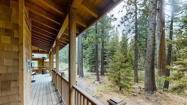 Une terrasse en bois avec vue sur une forêt.