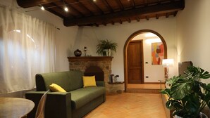 A cozy living room with a green sofa, a stone fireplace, and a potted plant. - La moraiola - Characteristic Tuscan barn (Toscana)