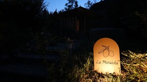 A sign with the name "La Moraiola" and a fruit illustration, set against a dark background with trees and a building in the distance. - La moraiola - Characteristic Tuscan barn (Toscana)