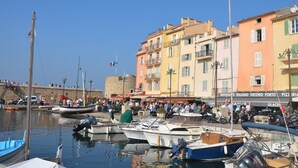 A marina with boats docked, a crowd of people, and colorful buildings with shops. - Romantische Vakantiewoning Saint Martin 1 met Groot Privéterras, Gedeeld Zwembad (Le Plan-de-la-Tour)