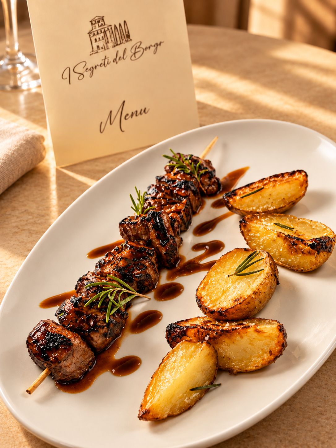 Un plato con brochetas de carne y papas asadas sobre una mesa con una tarjeta de menú.
