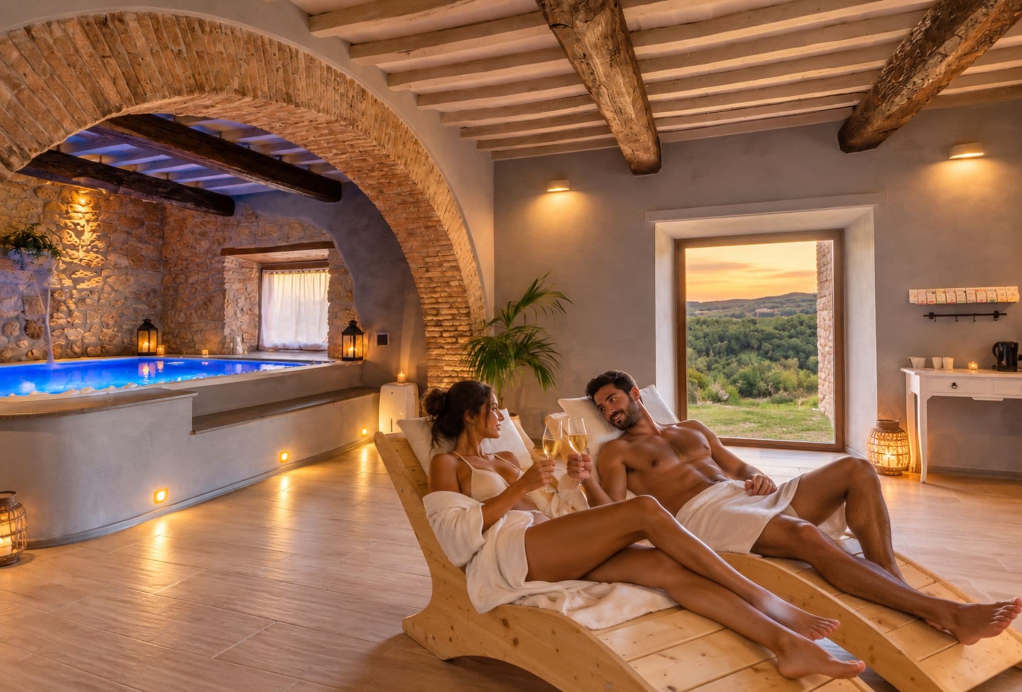 Una coppia si rilassa su una poltrona in legno in un ambiente simile a una spa, con una parete in pietra e vista sull'esterno.
