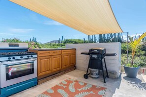 Una cocina con estufa a gas, horno, muebles de madera, una parrilla de barbacoa y una planta en maceta.