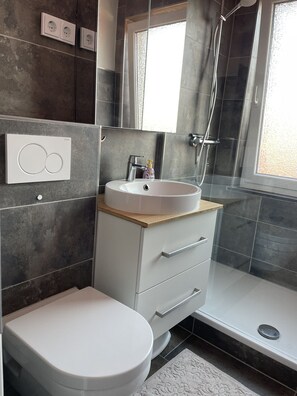 Douche, serviettes fournies, shampoing, papier toilette