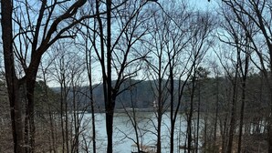 A lakeside seating area with Adirondack chairs around a fire pit, surrounded by trees and a view of the lake. - Lake front 2.5 miles from Clemson  with private cove  (Central)