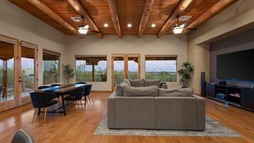 Smart TV, fireplace, ping pong, books