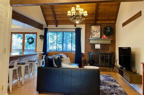 Smart-TV, Kamin, Tischtennisplatte, Bücher