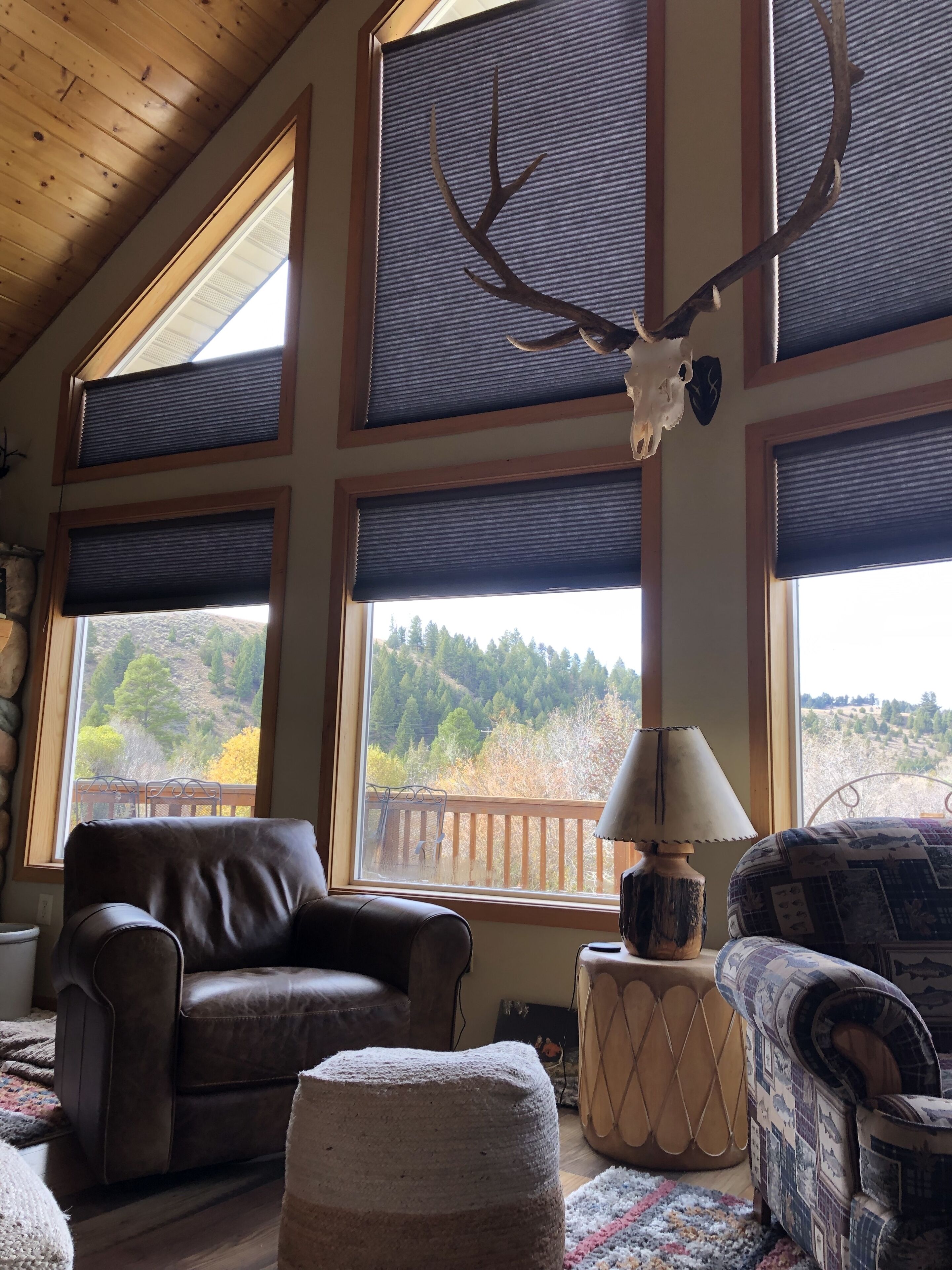 A cozy living room with a leather sofa, a patterned armchair, and a rustic ottoman. A large deer skull hangs from the ceiling, and the room features multiple windows with blinds, offering a view of a forested landscape.