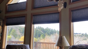 A cozy living room with a leather sofa, a patterned armchair, and a rustic ottoman. A large deer skull hangs from the ceiling, and the room features multiple windows with blinds, offering a view of a forested landscape. - Three bedroom,  two bath on the Middle Fork of Rock Creek (Philipsburg)