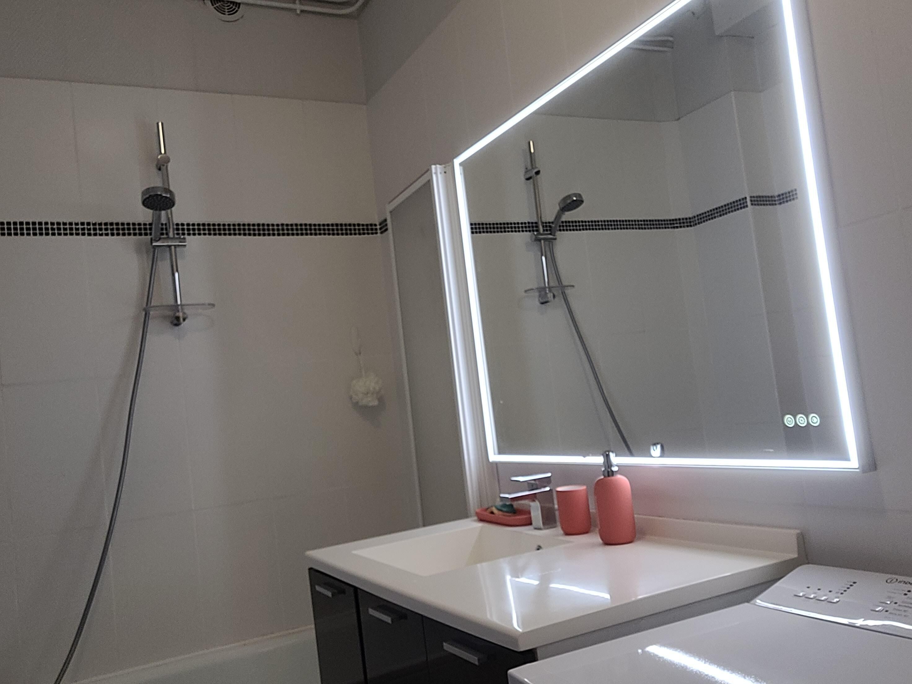 Hair dryer, bathrobes, towels, soap