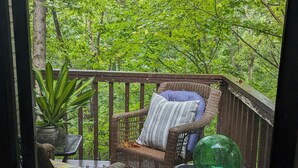 Eine Holzterrasse mit Korbmöbeln und einem Blumentopf.