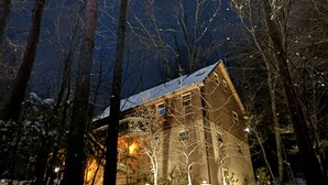 Una baita di legno con tetto innevato, circondata da alberi alti e terreno coperto di neve.