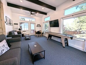 Smart TV, fireplace, books