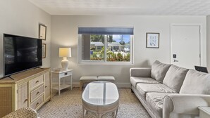Un salon avec une télévision, un canapé et une fenêtre donnant sur une maison et un paysage verdoyant.