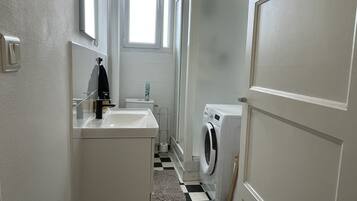 Hair dryer, towels, soap, toilet paper