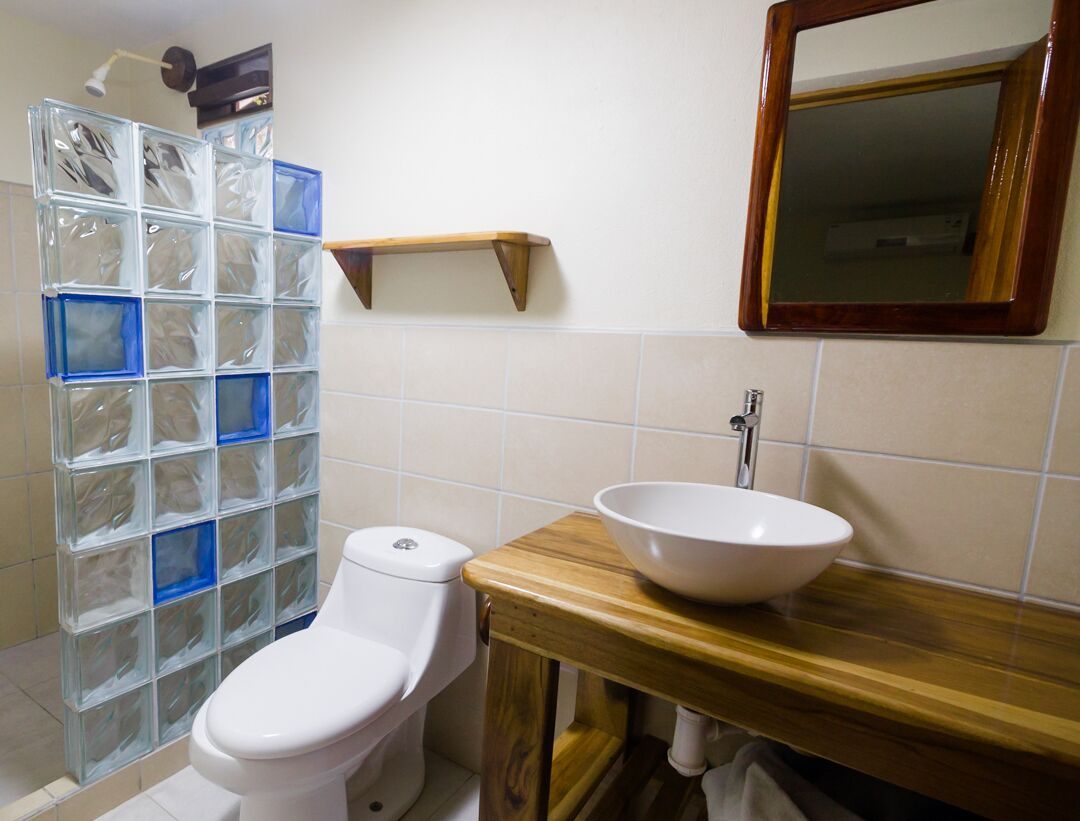 A bathroom with a toilet, a sink with a wooden countertop, and a mirror above the sink.