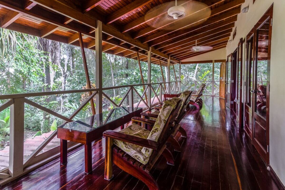 A covered wooden deck with benches and a glass railing, overlooking a lush forest.