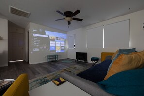 Smart TV, chimenea y libros 
