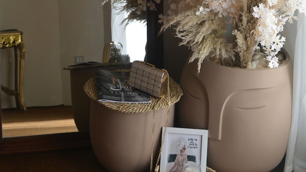 A room with a large mirror, a potted plant, a small table with a basket, and a framed picture. - 14 Gawad Housny (Cairo)