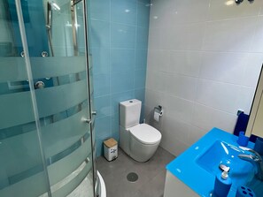 Hair dryer, towels, soap, toilet paper