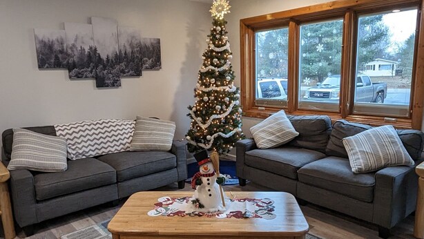 Een woonkamer met een kerstboom, twee banken, een salontafel en een vloerkleed.