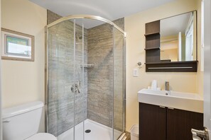 Combined shower/tub, hair dryer, towels