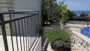 A stone wall with a metal gate, a small bush, and a view of the sea.